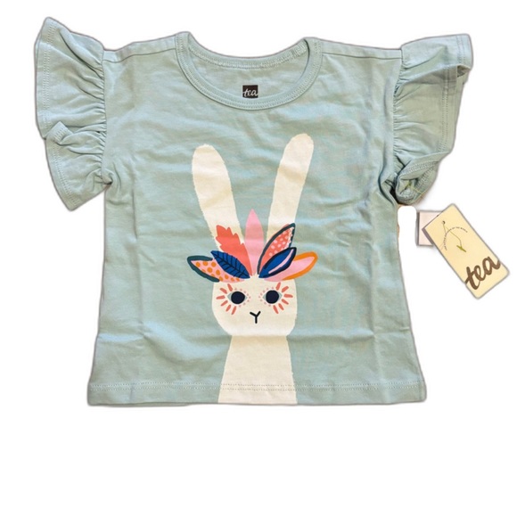 Tea Collection Ruffle Sleeve Rabbit Shirt Blue White Size 9-12 mono - Picture 1 of 5